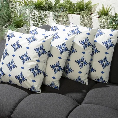Quatropi Set of 4 Luxury White & Blue Pattern Outdoor Garden Cushions 45cm
