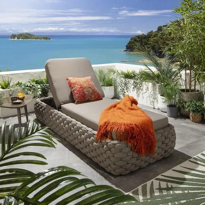 Quatropi Luxury Outdoor Garden Cushioned Sun Lounger Rope Weave Beige 208x85cm