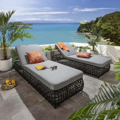 Quatropi Set of 2 Luxury Outdoor Garden Cushioned Rattan Sun Lounger Grey 206cm