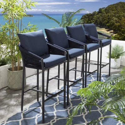 Quatropi Set of 4 Modern Garden Bar Stool - Yale Blue Padded Outdoor Cushions