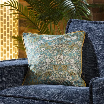 Quatropi Velvet William Morris Songbird Scatter Cushion Pillow Square Teal Gold