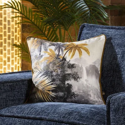Quatropi Tropical Jungle Print Scatter Cushion 450mm Square Grey Ochre