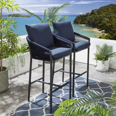 Quatropi Set of 2 Modern Garden Bar Stool - Yale Blue Padded Outdoor Cushions