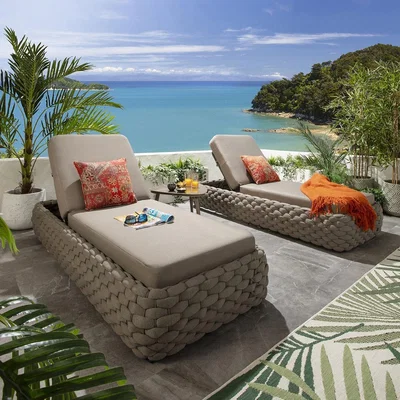 Quatropi Set of 2 Outdoor Garden Cushioned Sun Loungers Rope Weave Beige 208cm