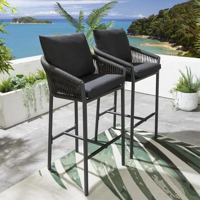 Quatropi Set of 2 Modern Garden Bar Stool - Luxury Grey Padded Outdoor Cushions