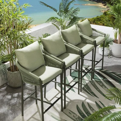 Quatropi Set of 4 Modern Garden Bar Stool - Olive Green Padded Outdoor Cushions