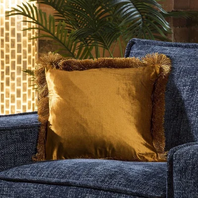 Quatropi Contemporary Antique Gold Fringed Scatter Cushion Pillow 430 Square