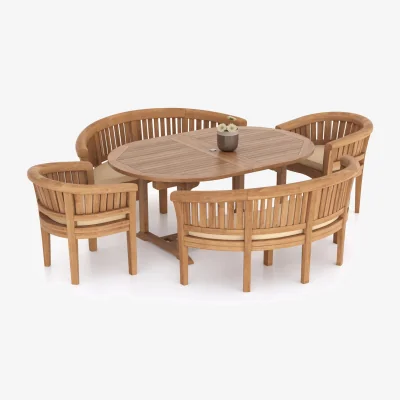The Range Louvre Teak Garden Dining Table and 4 Seat Chair Set - Teak / Table + 2 Chairs + 2 Benches + Green Cushions