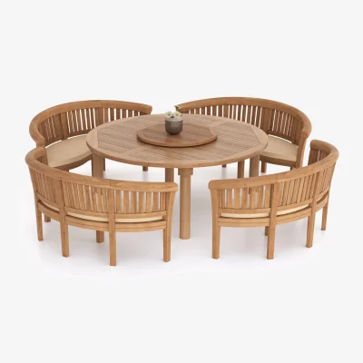 The Range Palamos Teak Garden Dining Table and 4 Seat Chair Set - Teak / Table + 4 Benches + Black Cushions