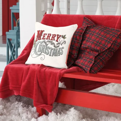 The Range Noel Square Luxury Chenille Merry Xmas Holly Filled Cushion - Red