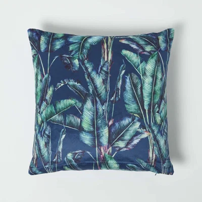 The Range Navy Tropical Banana Leaf Velvet Cushion 46 x 46 cm - Navy