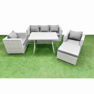 The Range Fimous 6-Piece Outdoor PE Rattan Patio Furniture Set with Cushions in Light Grey. - Light grey mixed rattan with dark grey fabric