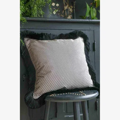 Rockett St George Sand Stripe Velvet Fringe Feather Filled Cushion