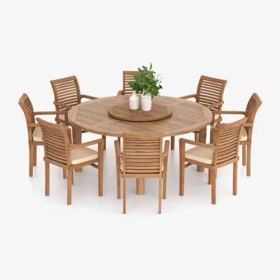 The Range Verona Teak Garden Dining Table and 8 Seat Chair Set - Teak / Table + 8 Chairs + Cream Cushions