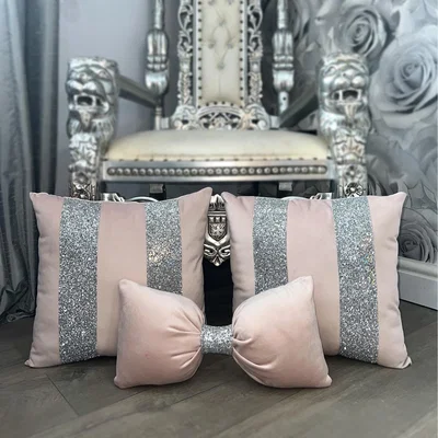 The Range Set of 3 Soft Pink Plush Velvet Cushions with Glitter Stripes and Bow - Soft Pink