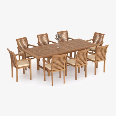 The Range Florence Teak Garden Dining Table and 8 Seat Chair Set - Teak / Table + 8 Chairs + Green Cushions