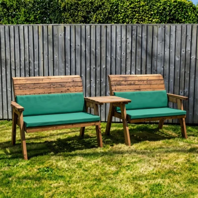 The Range Hand Made 4 Seater Chunky Rustic Wooden Furniture with 2 Benches, Straight Tray & Green Cushions - Brown/Green