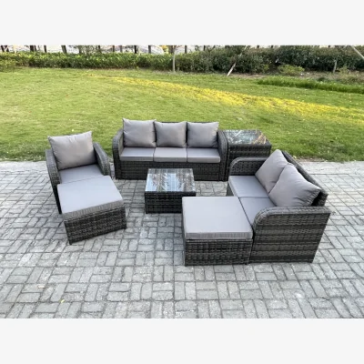 The Range Fimous 7-piece 8-seater Rattan Garden Furniture Set with Dark Grey Cushions. - Dark grey mixed rattan with dark grey fabric