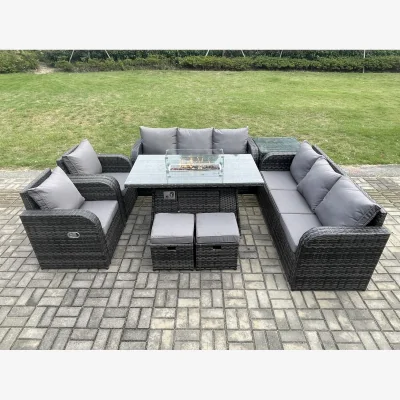 The Range Fimous Wicker Rattan Garden Furniture Set with Gas Fire Pit Table and Cushions. - Dark Grey