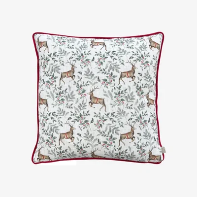 The Range Festive Reindeer Repeat Piped Cushion - Scarlet / Feather