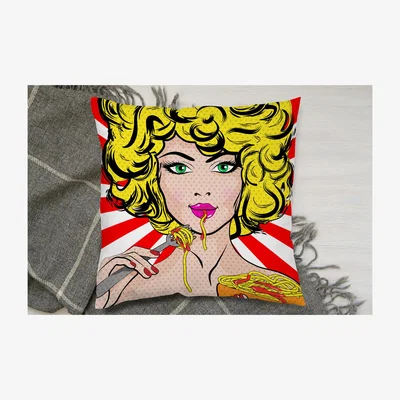 The Range Pop Art Young Woman Eating Spaghetti Cushion - Red / 60