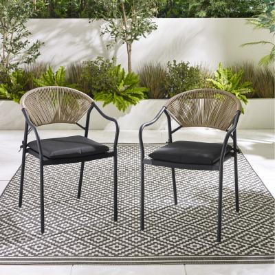 The Range Pair of Elba Outdoor Dining Chairs with Cushions - Metal and Rattan, Stackable - Black