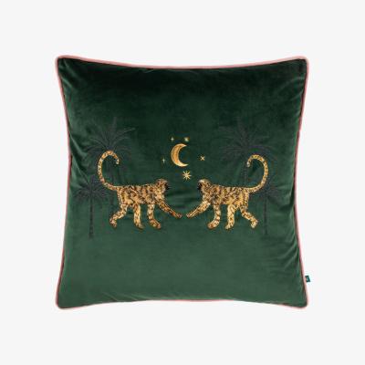 The Range Dusk Monkey Embroidered Cushion - Emerald / Feather