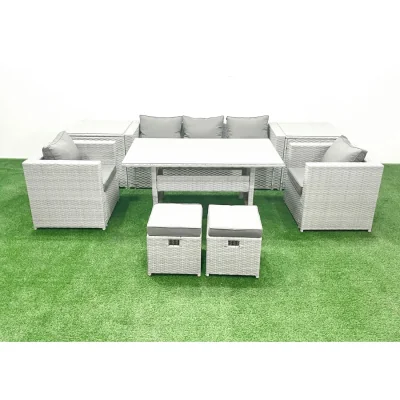 The Range Fimous 7-Seater Outdoor Rattan Garden Furniture Set with Cushions and Tempered Glass Table. - Light Grey Mixed