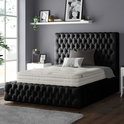 The Range Royal Cushioned Chesterfield Plush Velvet Bed Frame 5 Inch Border - Black / Double