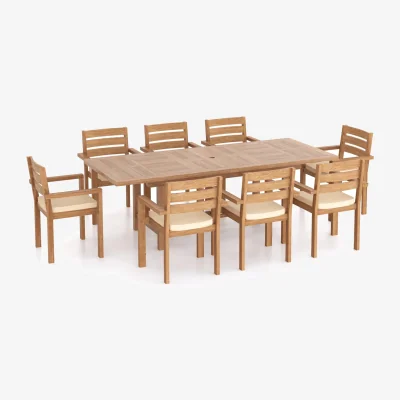 The Range Irvine Teak Garden Dining Table Set and 8 Seat Chair Set - Teak / Table + 8 Chairs + Green Cushions