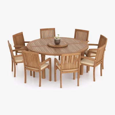 The Range Naples Teak Garden Dining Table and 8 Seat Chair Set - Teak / Table + 8 Chairs + Black Cushions