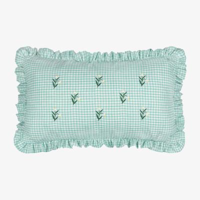 The Range Les Petite Fleurs Cotton Gingham Ruffle Cushion - Spring Green / Feather