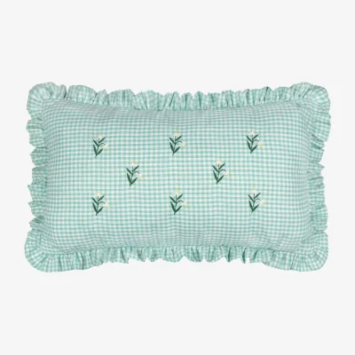 The Range Les Petite Fleurs Cotton Gingham Ruffle Cushion - Spring Green / Feather