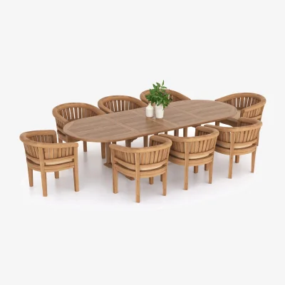 The Range Valetta Teak Garden Dining Table and 8 Seat Chair Set - Teak / Table + 8 Chairs + Cream Cushions
