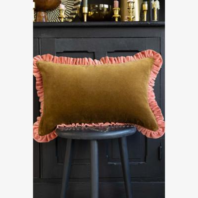 Rockett St George Moss Green Velvet Cushion With Pink Ruffle
