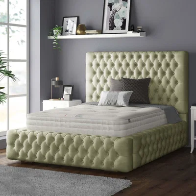 The Range Royal Cushioned Chesterfield Plush Velvet Bed Frame 10 Inch Border - Light Green / Single