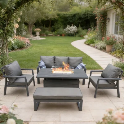The Range 6 Seater Aluminum Garden Furniture Set Fire PitLift Dining Table Set w Cushion - Grey