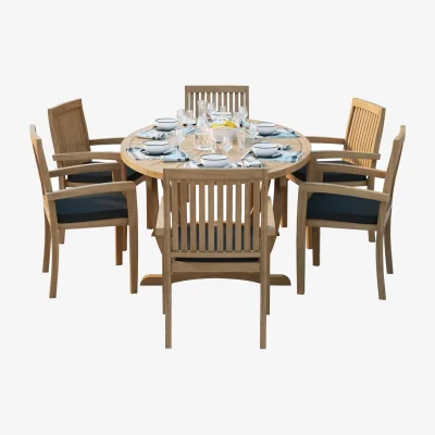The Range Rimini Teak Garden Dining Table and 6 Seat Chair Set - Teak / Table + 6 Chairs + Green Cushions