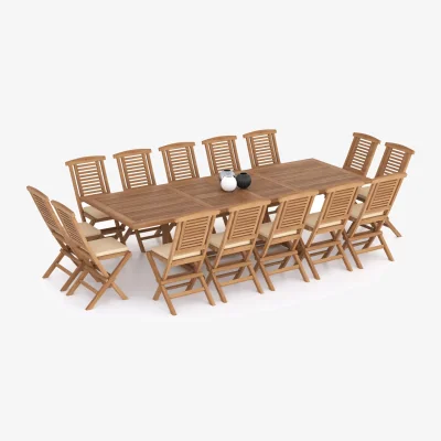The Range Helsinki Teak Garden Dining Table and 14 Seat Chair Set - Teak / Table + 14 Chairs + Black Cushions