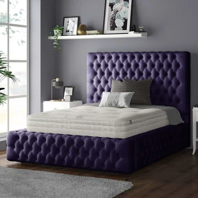 The Range Royal Cushioned Chesterfield Plush Velvet Bed Frame 10 Inch Border - Plum / Double