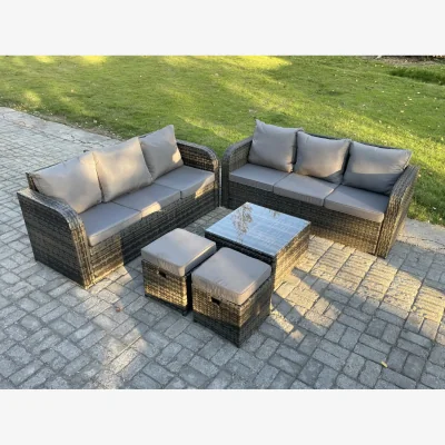 The Range Fimous 8-Seater PE Rattan Garden Furniture Set with Grey Cushions. - Dark grey mixed rattan with dark grey fabric
