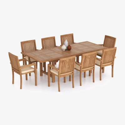 The Range Duchy Teak Garden Dining Table and 8 Seat Chair Set - Teak / Table + 8 Chairs + Green Cushions