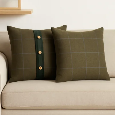 The Range Quinn Cushion Set of 2 - Green Olive Tartan & Green Velvet - Green