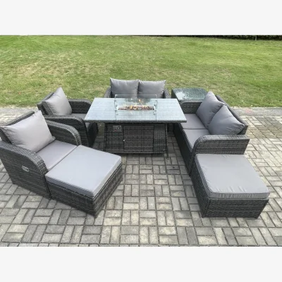 The Range Fimous 8-Seater Rattan Garden Set with Propane Fire Pit Table and Cushions - Dark Grey