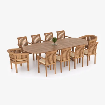 The Range Milano Teak Garden Dining Table and 10 Seat Chair Set - Teak / Table + 10 Chairs + Green Cushions