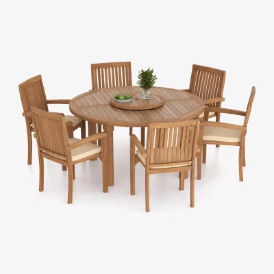 The Range Cannes Teak Garden Dining Table and 6 Seat Chair Set - Teak / Table + 6 Chairs + Cream Cushions