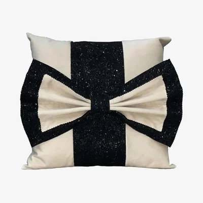 The Range Cream And Black Glitter Panel Bow Cushion -  Cream