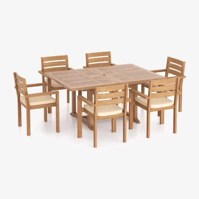 The Range Padstow Teak Garden Dining Table and 6 Seat Chair Set - Teak / Table + 6 chairs + Green Cushions