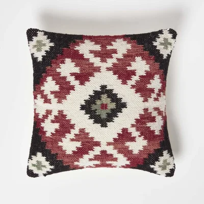 The Range Homescapes Tawa Handwoven Traditional Red Black Kilim Cushion - Red