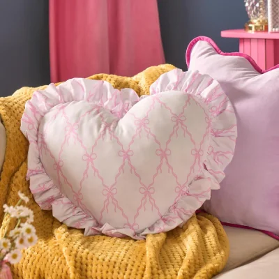 The Range OHS Frill Heart Shaped Bow Ribbon Print Cushion - White/Pink